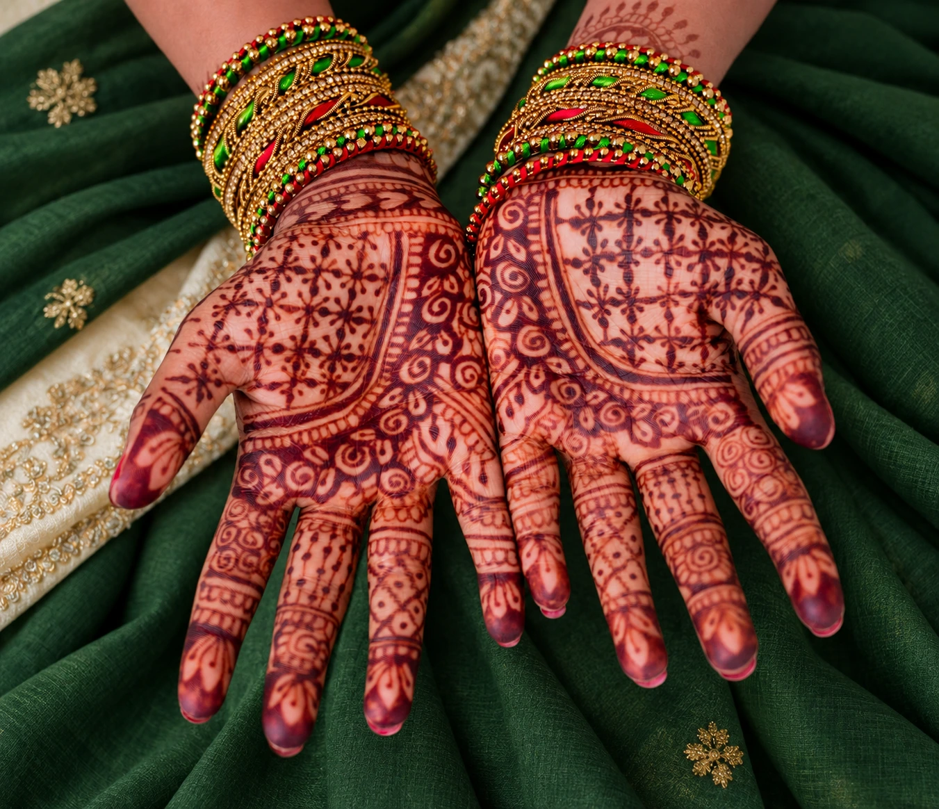 Two palms with detailed reddish-brown henna and traditional gold, red, and green bangles